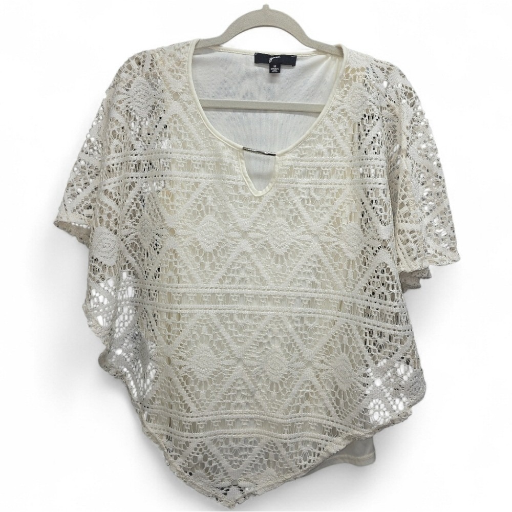 GNW Medium Ivory Crochet Lace Poncho Top Key Hole Neck Layered Tank Boho Airy